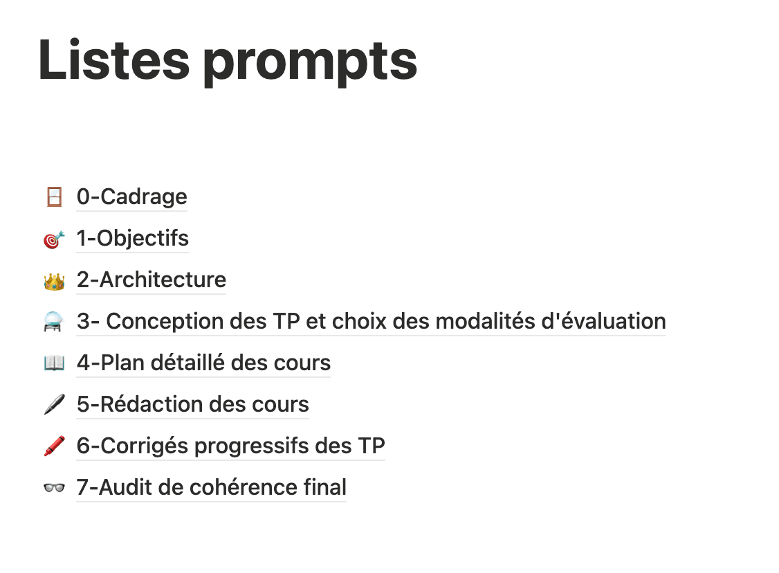 Capture d'écran d'une liste de prompts utilisés pour structurer le pipeline pédagogique d'Anaïs