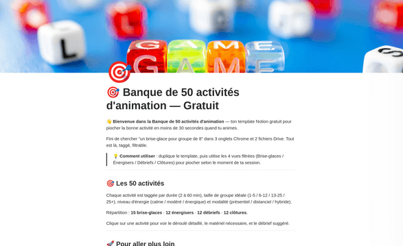 Aperçu du template Notion Banque de 50 activités d'animation pédagogique