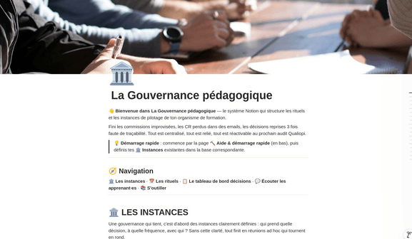 Aperçu du template Notion Gouvernance pédagogique pour organismes de formation
