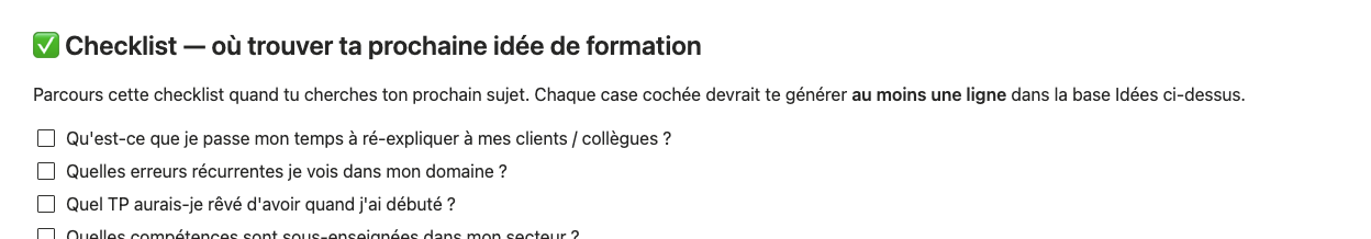 Aperçu de la checklist Notion incluse : où trouver ta prochaine idée de formation